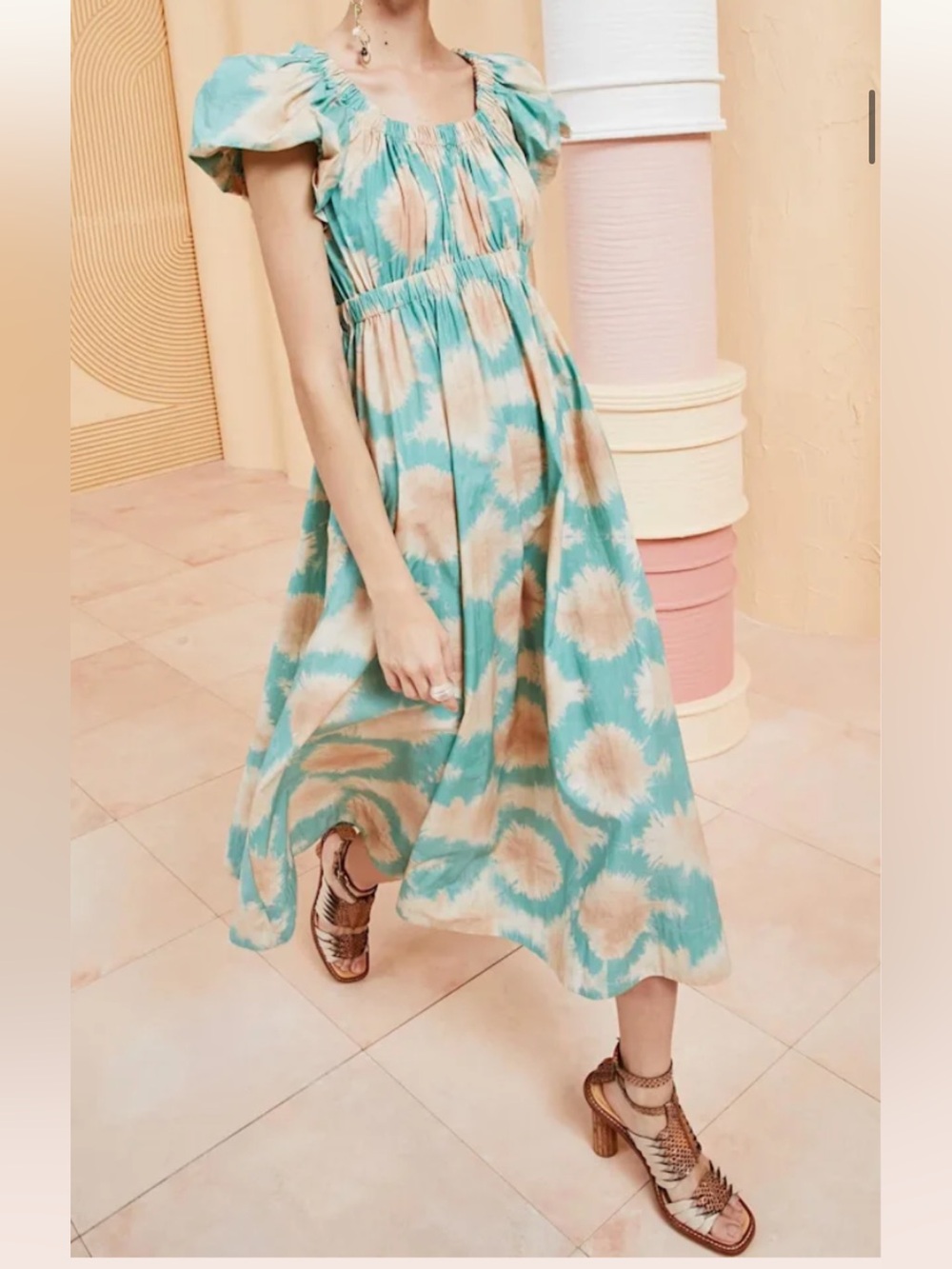 Ulla Johnson Nanette in Calcite- Teal and Coral Ikat Casual Dress